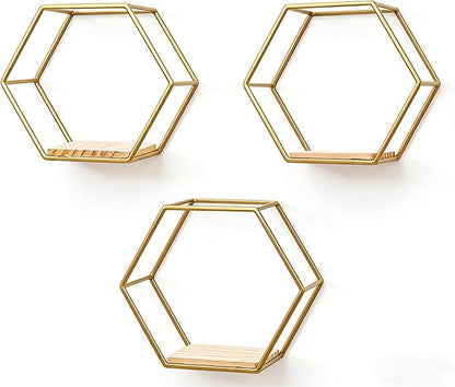 Gold Hexagon Floating Wall Shelves 3 Pack | Geometric Shelving - Image 5