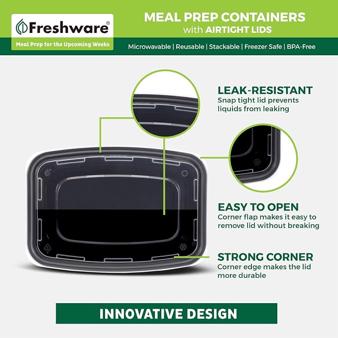 Freshware Meal Prep Lids, Food Storage Containers Bento BPA Free | Stackable | - Image 5