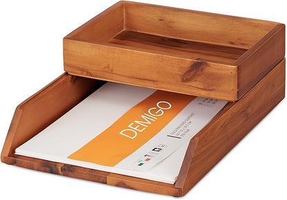 DEMIGO Desk Organizer Letter Tray Set of 2, Natural Acacia Wood Paper Tray | by Demigo