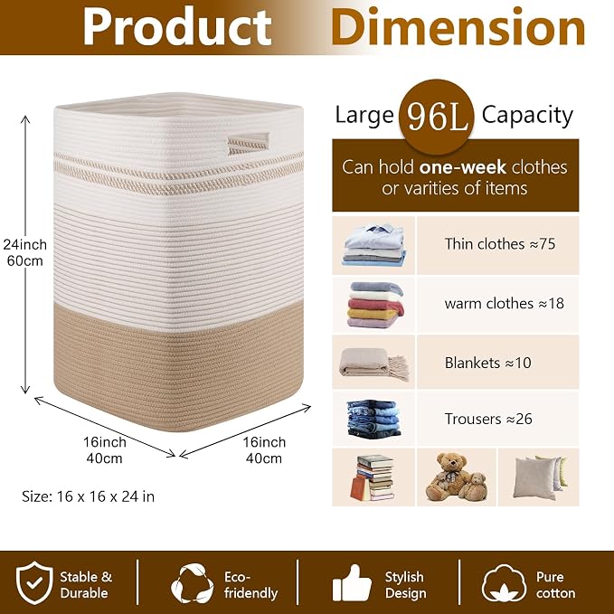 Laundry Hamper, Large Woven Rope Tall Laundry Basket - Image 4