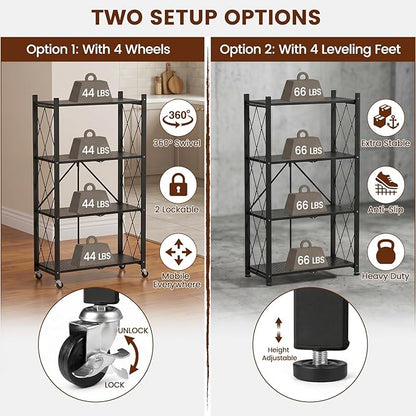 ALANNG 4 Tier Folding Storage Shelf on Wheels, Heavy Duty Metal Rolling Cart | - Image 4