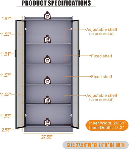 65" Tall Display Cabinet with Doors, Lighted Bookcase with Lights/Human Sensor - Image 2
