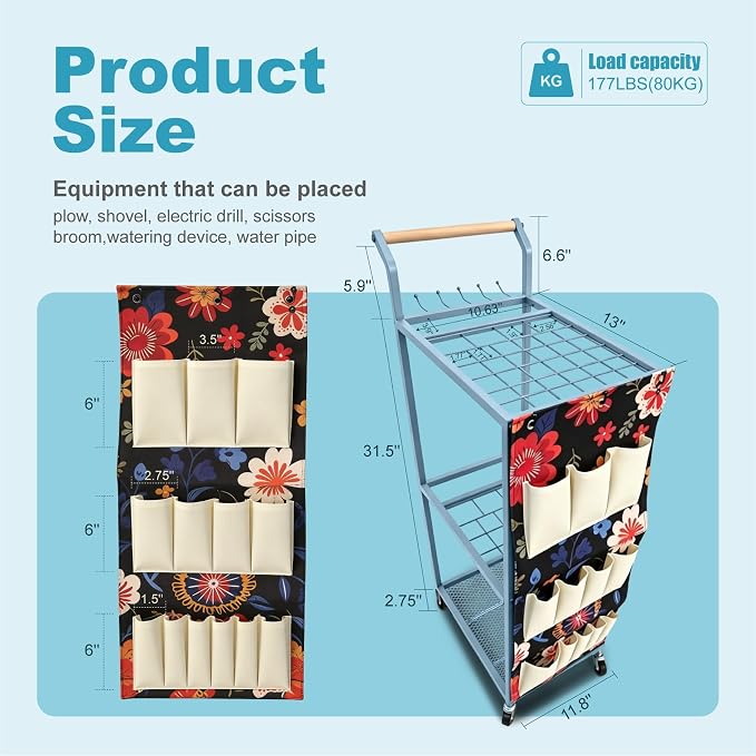 Garden Tool Organizer with Wheels 3 Tier Yard Tool Organizer Rack with Side - Image 2