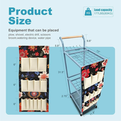 Garden Tool Organizer with Wheels 3 Tier Yard Tool Organizer Rack with Side - Image 2