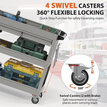 3 Tier Rolling Tool Cart with Drawers, Heavy Duty Utility Cart on Wheels - Image 3