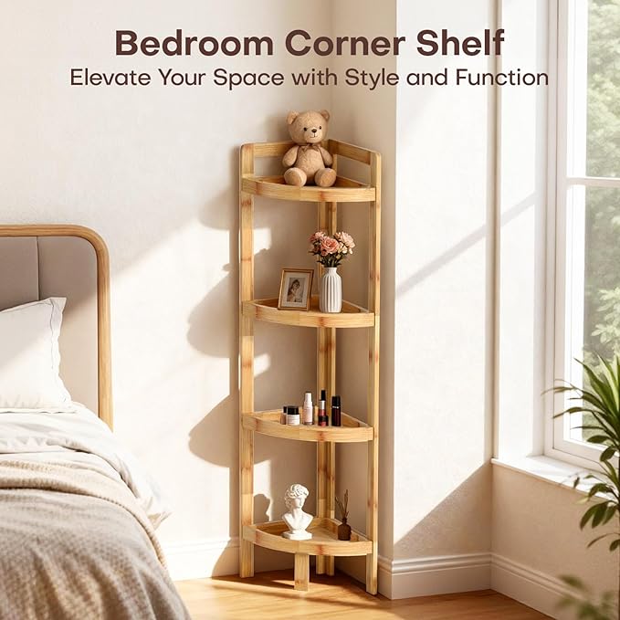 2026 New Bamboo Standing Shelf, 4 Tier Corner Shelf Stand, Free-Standing Shelf - Image 5