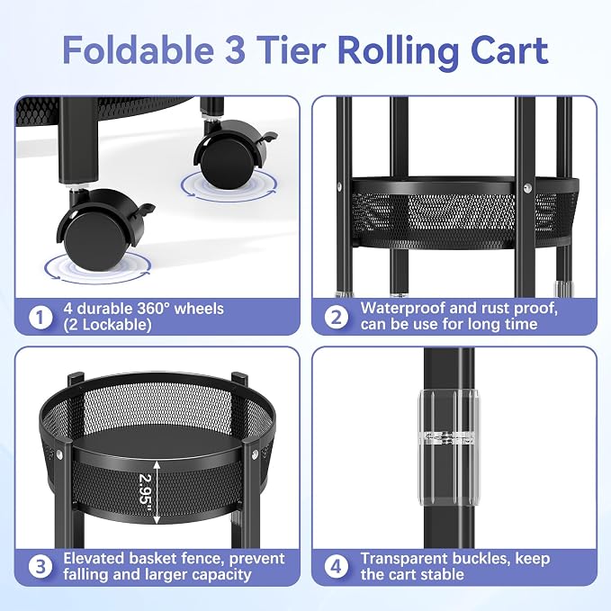 TOOLF 3 Tier Foldable Rolling Cart, Metal Utility Storage Cart, Lockable Wheels - Image 3