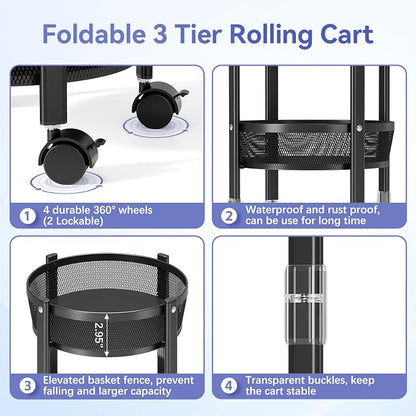 TOOLF 3 Tier Foldable Rolling Cart, Metal Utility Storage Cart, Lockable Wheels - Image 3