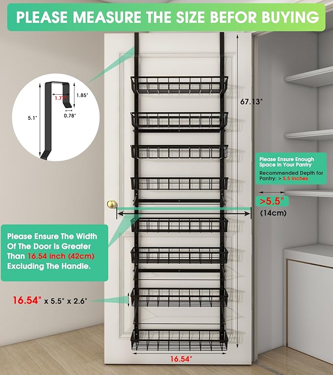 Mefirt Over The Door Pantry Organizer, Wall Mount Spice Rack 8-Tier Black | - Image 2