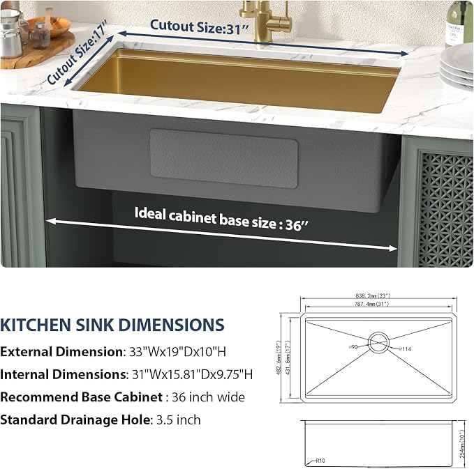 Lordear Gold Undermount Kitchen Sink 33" x 19" Stainless Steel Sinks 16 Gauge - Image 9