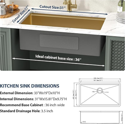 Lordear Gold Undermount Kitchen Sink 33" x 19" Stainless Steel Sinks 16 Gauge - Image 9