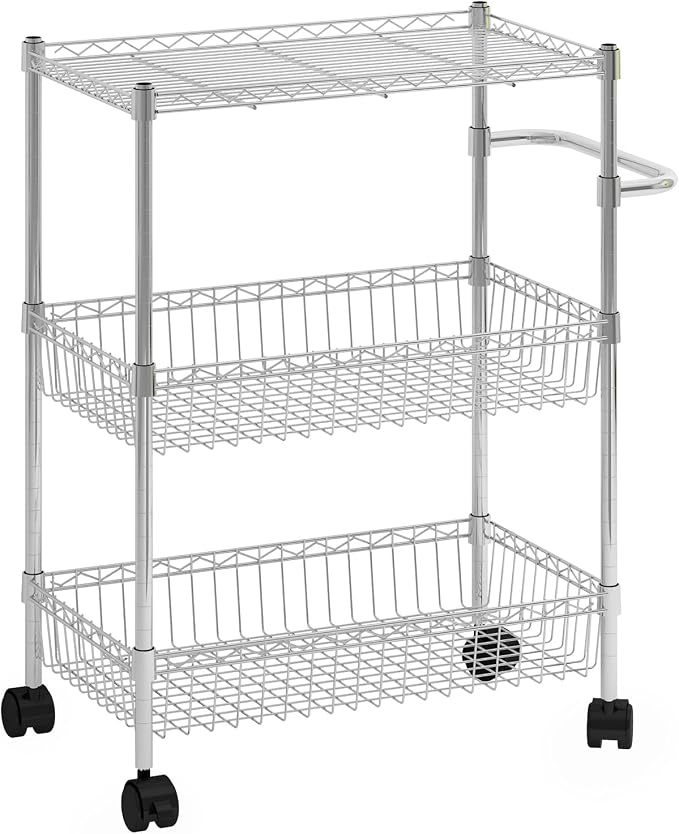 Chrome 3 Tier Rolling Storage Cart, Metal Wire Kitchen Cart by LuyFuitre