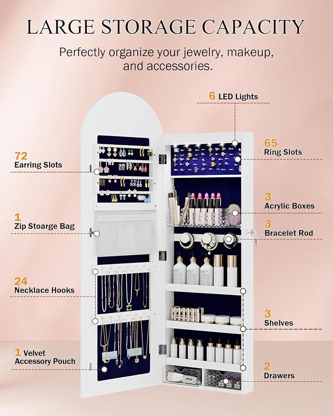 Jewelry Cabinet Organizer with Mirror, 47 inch Lockable Full-Length Mirror - Image 4