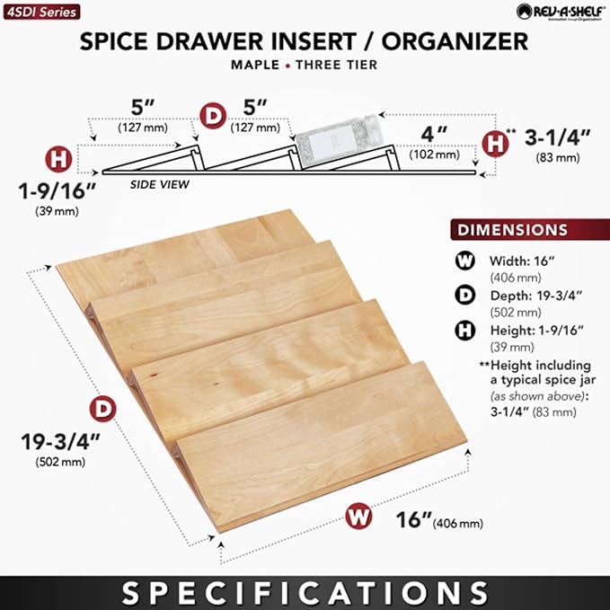 Rev-A-Shelf 3-Tier Wood Trim-to-Custom-Fit Spice Rack Drawer Insert, Maple - Image 4