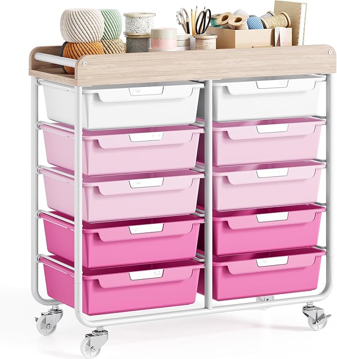 10 Drawers Rolling Cart with Wooden Tabletop, Utility Storage Cart with Wheels by APEXCHASER