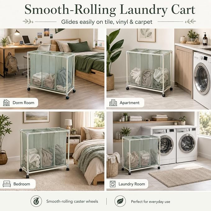 3-Bag Mesh Rolling Laundry Sorter Cart, Soft Silver, Removable Washable Bags - Image 9