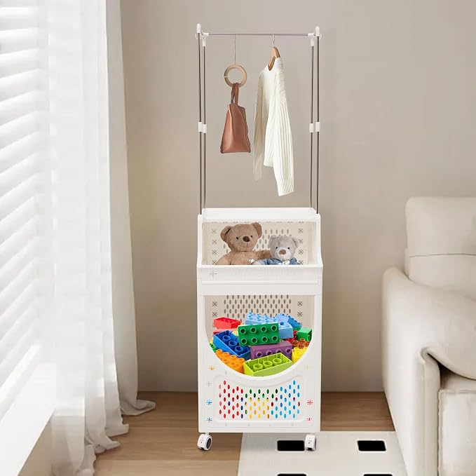 Rolling Laundry Hamper with Hanging Rod, 3-Tier Laundry Hamper Cart with 6 Hooks - Image 4