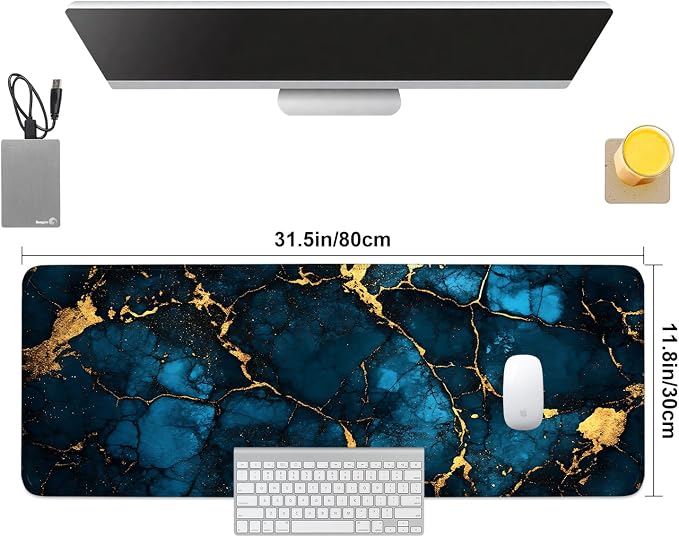 Blue Marble Gold Vein Mouse Pad – Large Extended Desk Mat 31.5 x 11.8 in– - Image 8