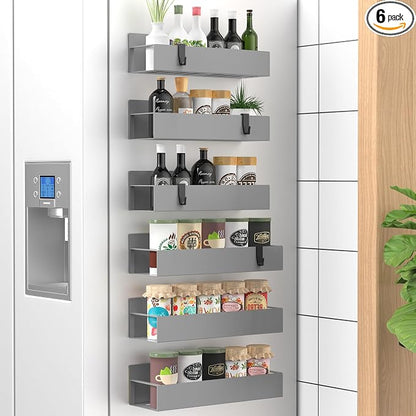 Metal Magnetic Spice Rack for Refrigerator Gray, 6 Pack | Magnetic Shelves by HuggieGems