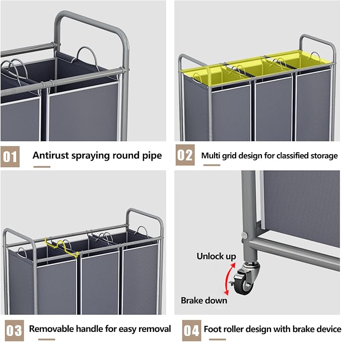 LINZINAR 3-Bag Laundry Sorter, Laundry Hamper Cart - Image 4