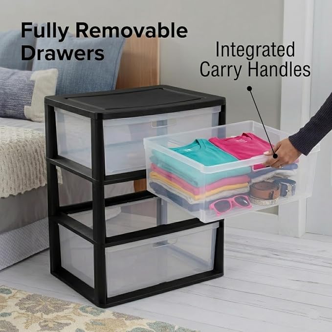 Wide 3-Drawer Plastic Storage Tower Organizer, 25.25" High, Drawer Stops & - Image 5