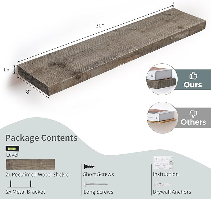 Floating Shelves, 8 Inch Deep Rustic Solid Reclaimed Wood Wall Shelves - Image 3