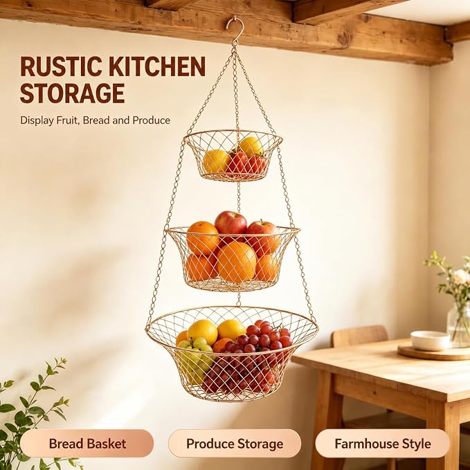 3-Tier Copper Hanging Basket for Kitchen & Bathroom | Maximize Space - Image 4
