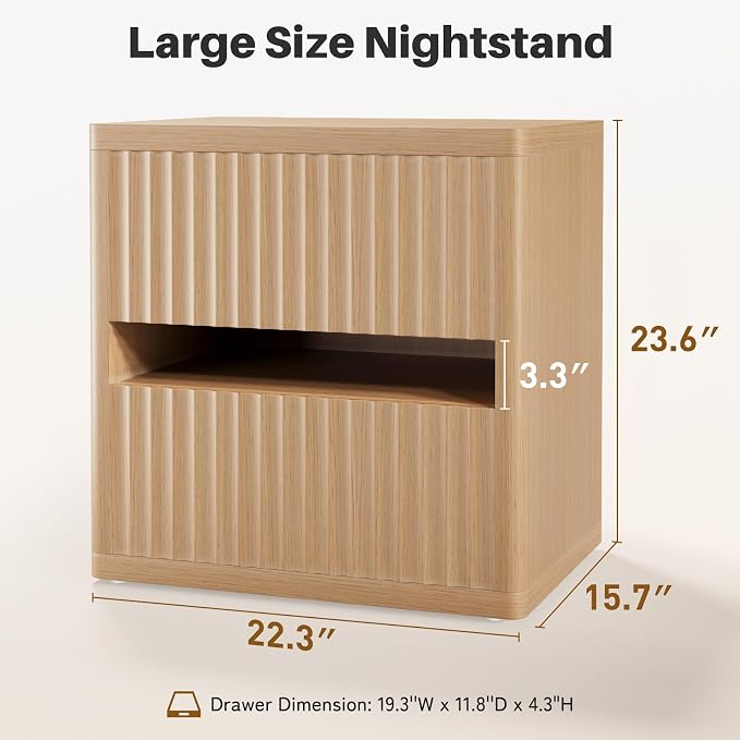 Dripex Fluted Nightstand with 2 Drawers, Large Wide Wood Night Stand Bedside - Image 2