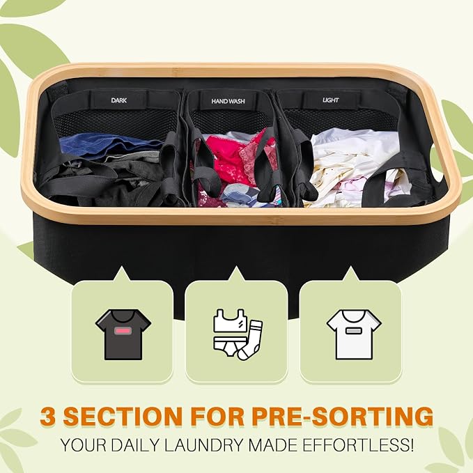 145L Laundry Hamper with Lid, 3 Section Laundry Basket with 3 Removable Bag | - Image 3