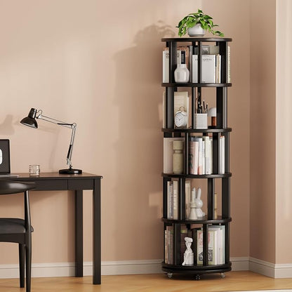 Solid Wood Rotating Bookshelf on Wheels, 5 Tier, Round Revolving Bookcase - Image 9