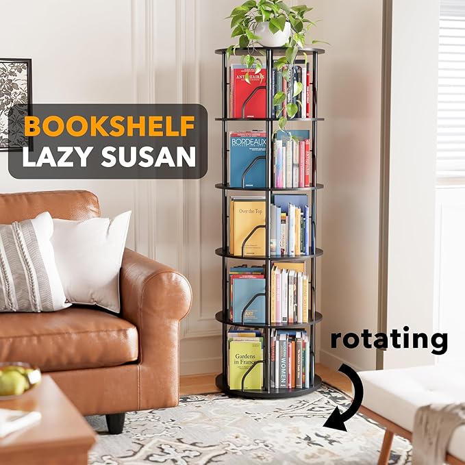 SpaceAid 5 Tier Rotating Bookshelf Tower, 360 Display Stackable Spinning - Image 4