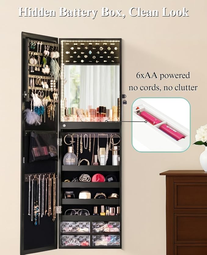 LUXFURNI 79 LED Lights Mirror Jewelry Cabinet, Wall Mounted/Door-Hanging Mirror - Image 4