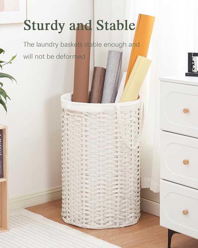 34.3 Gal Large Laundry Hamper Laundry Basket Round Handwoven Wicker Laundry - Image 7