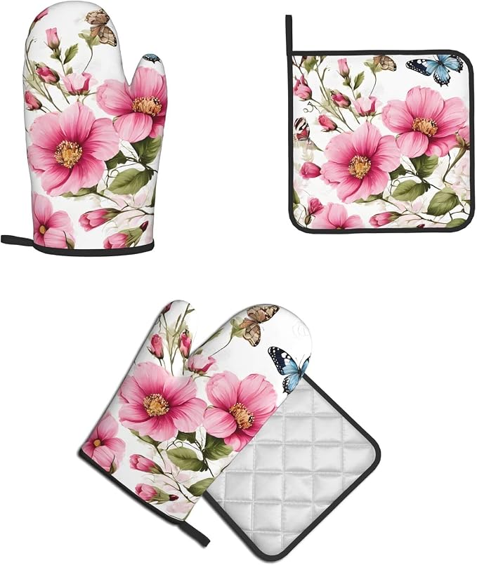 Garden with Birds and Flowers Gloves and Mats Set-Heat-Resistant Kitchen Gloves - Image 7