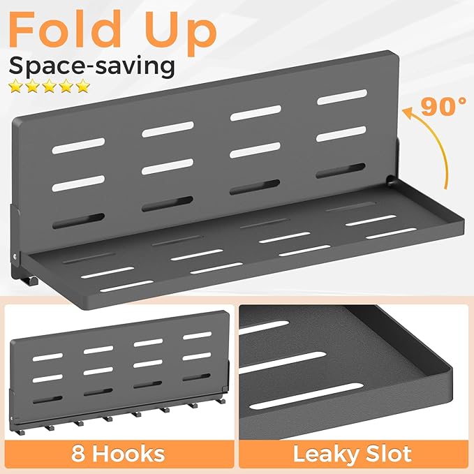 Folding Metal Shelf with Hooks, Wall Mounted Laundry Room Shelf, 8 Hooks & 90° - Image 5