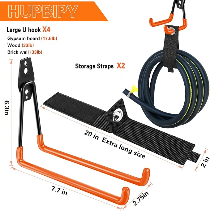 Heavy Duty Garage Hooks 4 Pack, 7.7 inch U Shaped Long Hanger, - Image 2