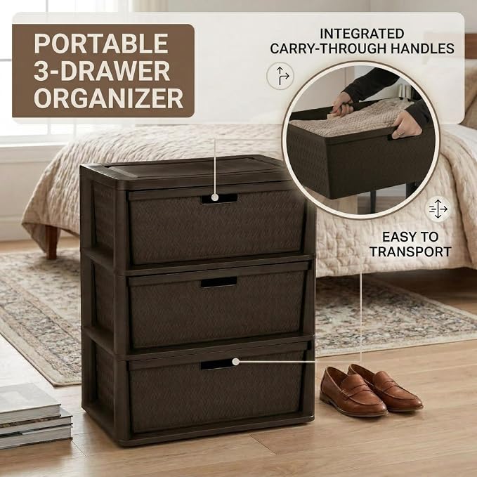 3 Drawer Wide Weave Storage Tower, Modern Style Decorative Freestanding Storage - Image 8