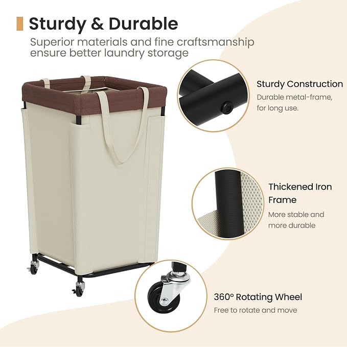 Laundry Basket with Wheels, Laundry Hamper with Removable Bag and Steel Frame - Image 4