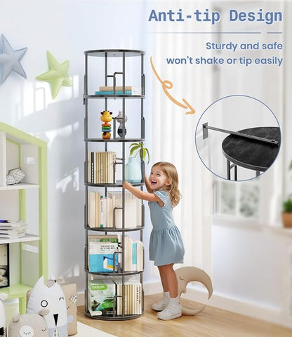 6 Tier Rotating Bookshelf Tower Round Black, 74”Tall Spinning Bookshelf Tower - Image 6
