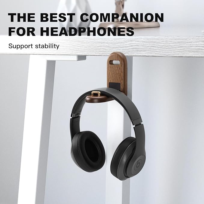 Wood Headphone Stand Wall Mount Holder, Sticky Headset Hook, Under Desk - Image 2