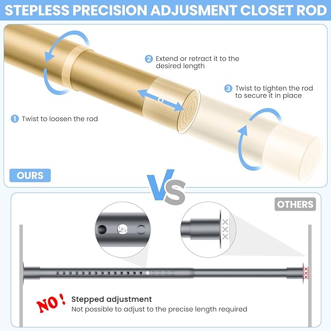 Closet Rods for Hanging Clothes, 17 to 99 Inch Heavy Duty Stepless Adjustable - Image 3