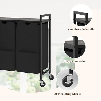 3-Section Laundry Hamper with Shelf, Pull-Out Removable 12.8 gal Bags, Metal - Image 5