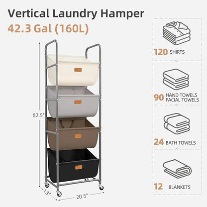 STORAGE MANIAC Vertical Rolling Laundry Hamper, 4 Section Laundry Sorter - Image 4