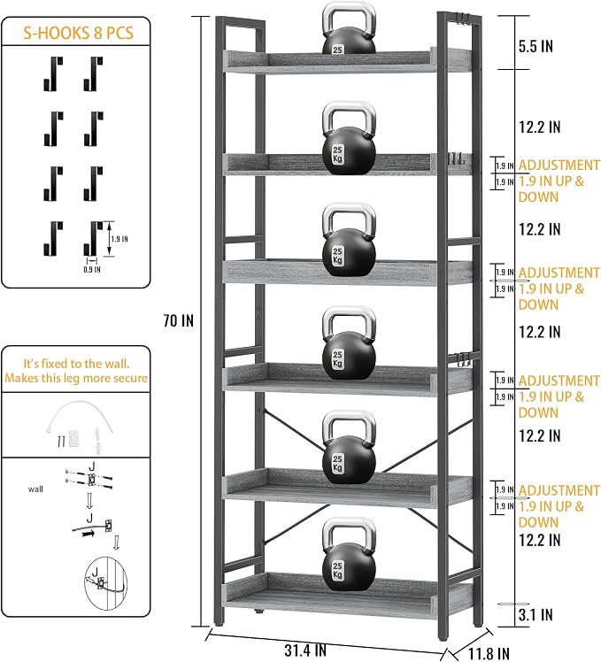 HCHQHS 6 Tier Bookshelf, Adjustable Industrial Bookcase, Vertical Tall Book - Image 3
