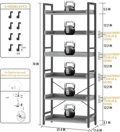 HCHQHS 6 Tier Bookshelf, Adjustable Industrial Bookcase, Vertical Tall Book - Image 3