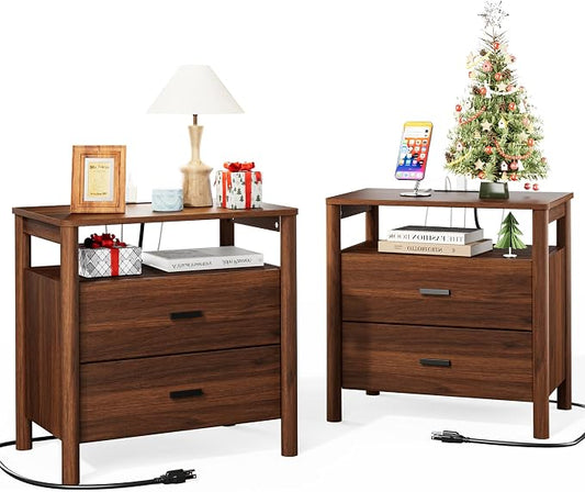 Night Stand Set of 2 with Charging Station, 2 Drawers End Table with Open Shelf by FavourLife