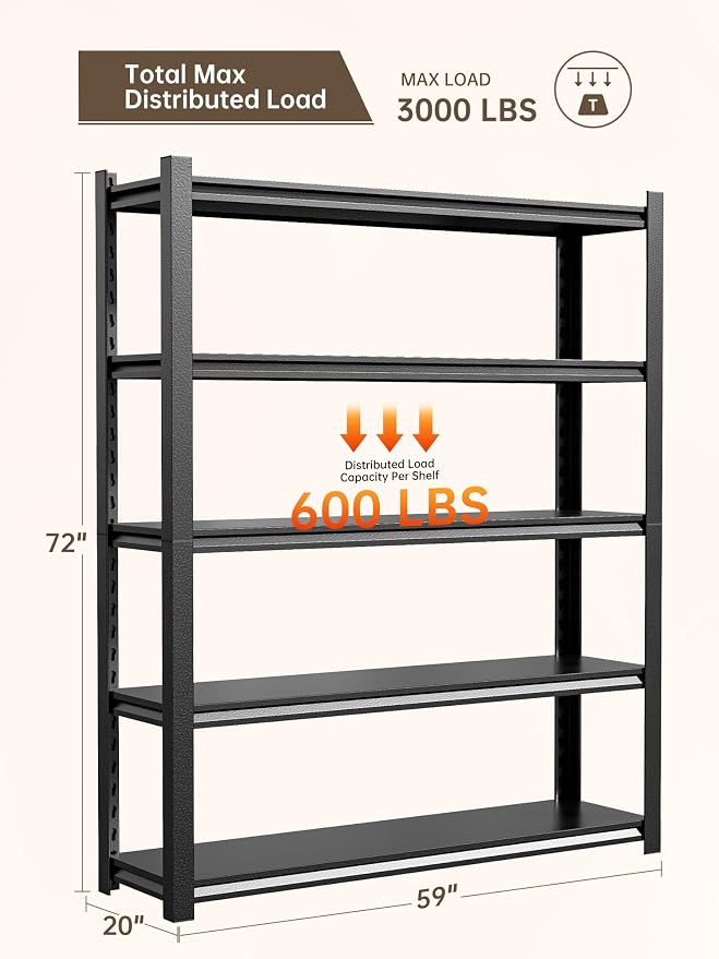 JHYKHG 48" W Storage Shelves, 5-Tier Heavy Duty Garage Shelving, Adjustable - Image 3