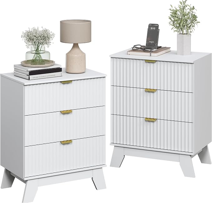 Night Stand Set 2, Bedside Table & End Table, Mid Century Modern Fluted Wood - Image 3