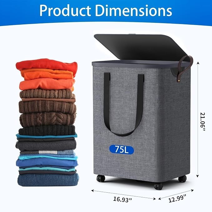 Laundry Basket with 5 Wheels, Tall Dirty Laundry Hamper, Rolling Laundry Basket - Image 3
