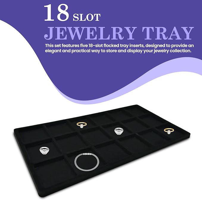 Novel Box 5 Pack 18-Slot Black Liner Jewelry Storage Tray Inserts 14.75x8.25x1 - Image 3